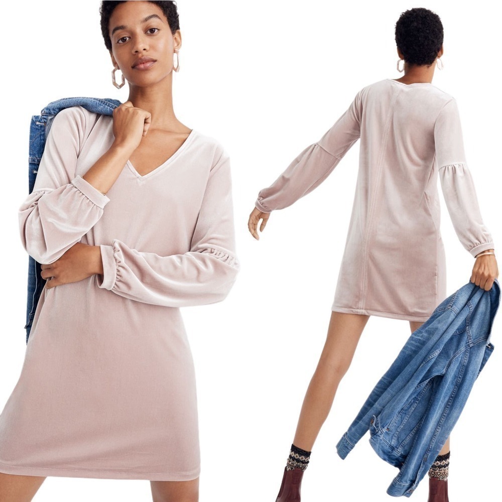 Madewell Velvet Velour Balloon-Sleeve Dress in Wisteria Dove Size Medium
